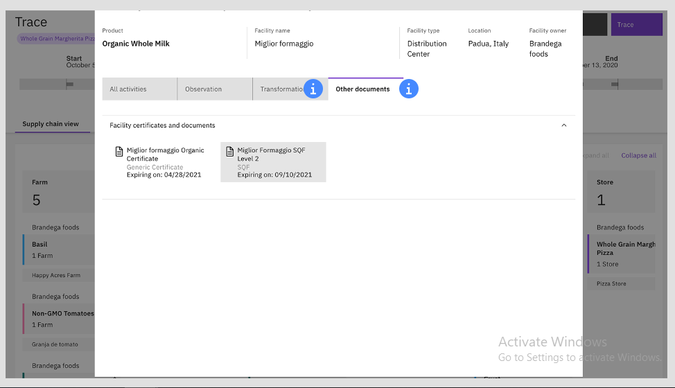 screenshot of the legal documentation and organic certifications or FSSAI license to prove their authenticity in IBM trace demo