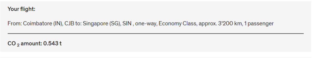 carbon emission during a one-way flight from coimbatore to singapore